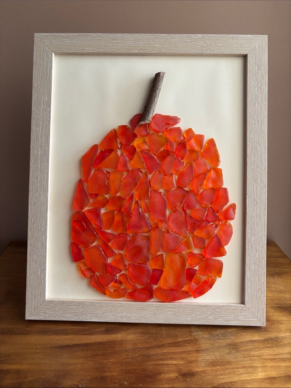 Artisan Orange Sea Glass Pumpkin Art in Wood Frame
